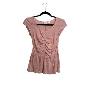 Anthropologie Top Womens Small Pink Ruched Peplum Cap Sleeve Scoop Neck Postmark